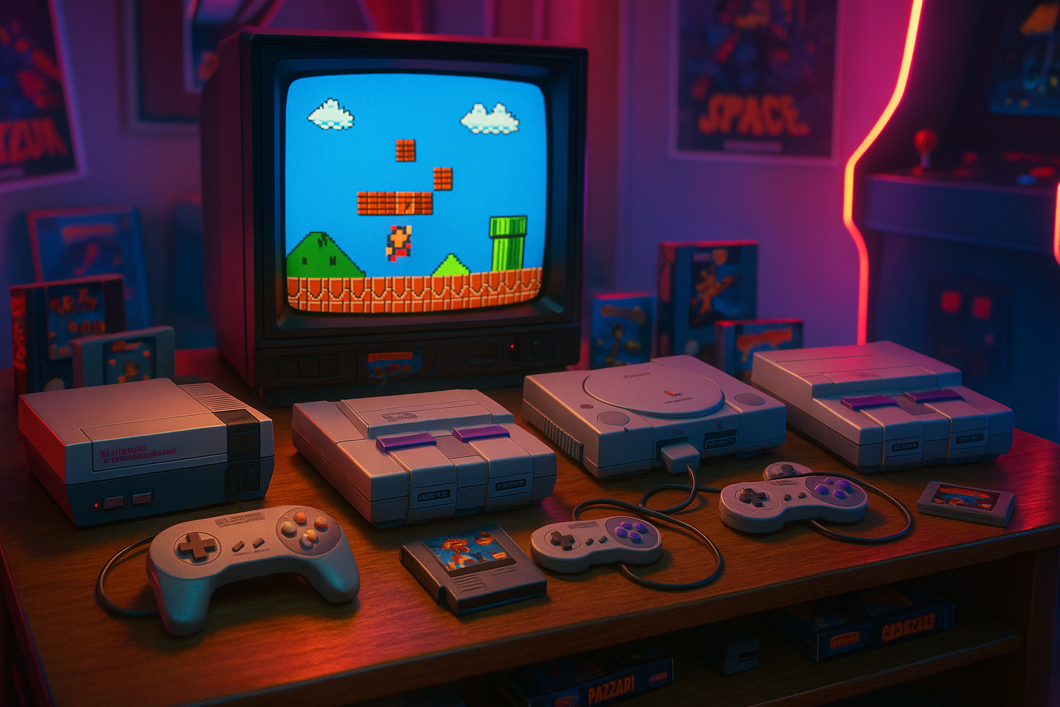 create an image highlighting retro gamin consoles such n64, playstation, sega, etc