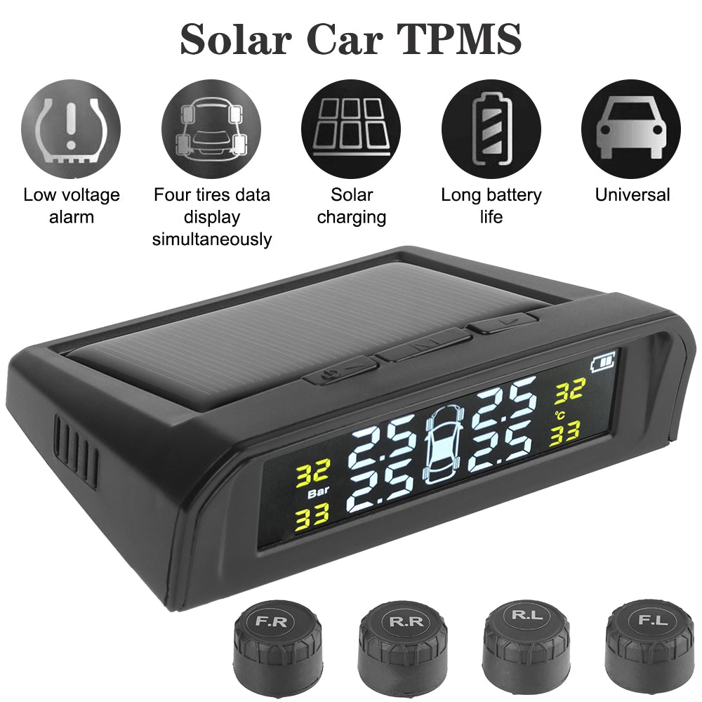 USB Solar Powered Intelligent Temperature Warning LCD Display + 4 External Sensors Car TPMS Wireless Tire Pressure System