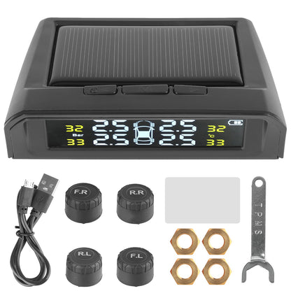USB Solar Powered Intelligent Temperature Warning LCD Display + 4 External Sensors Car TPMS Wireless Tire Pressure System
